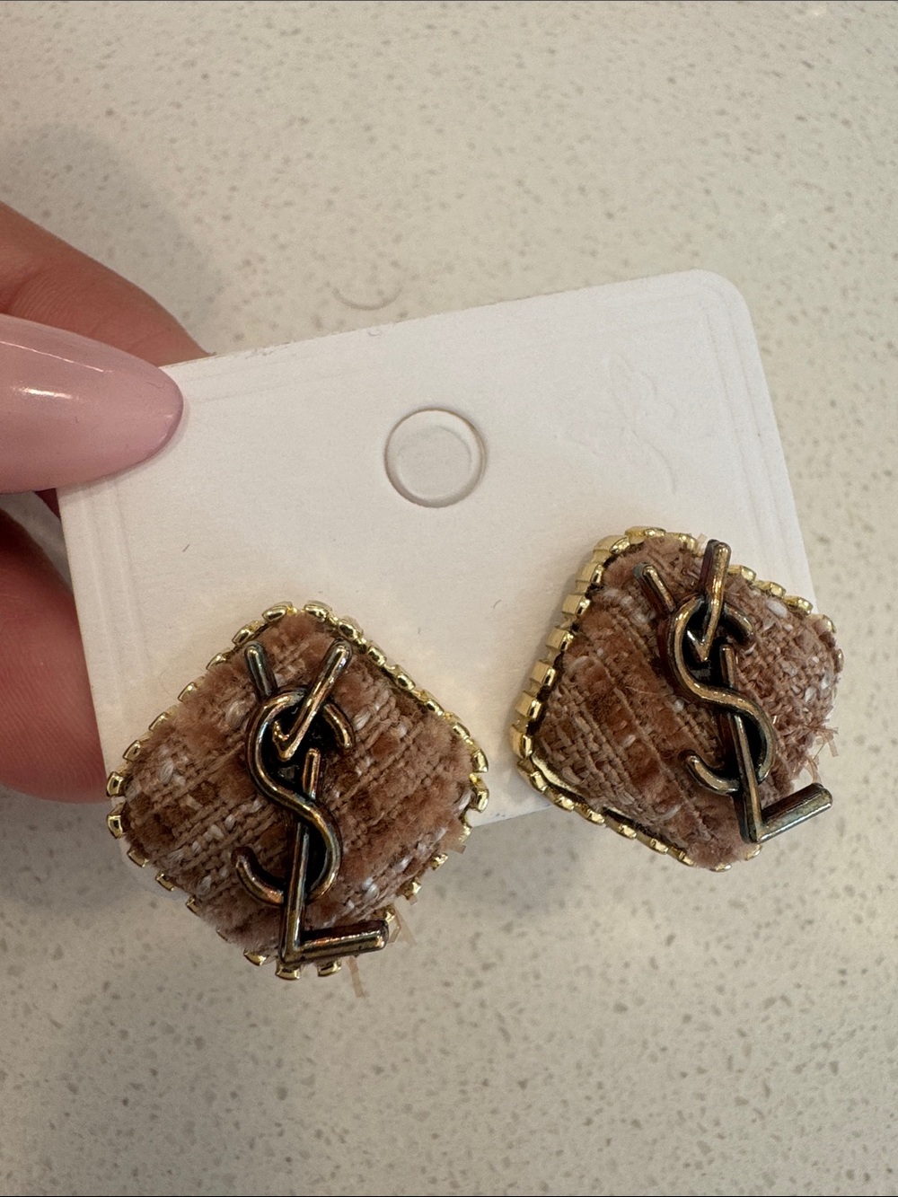 Gold Logo brown Tweed Clip-On Earrings